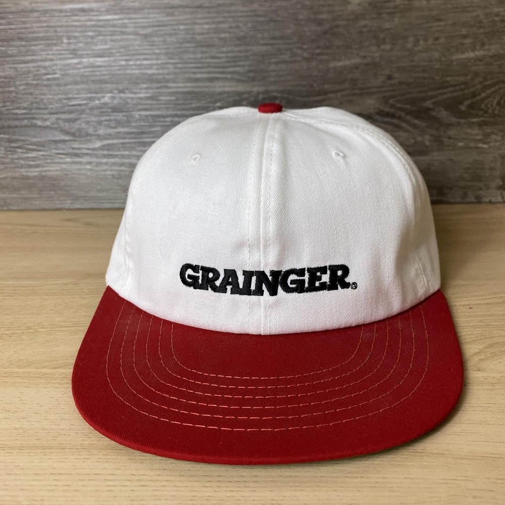 Vintage Grainger Hat Cap Snap Back White Red Embroidered Advertising Mens Logo